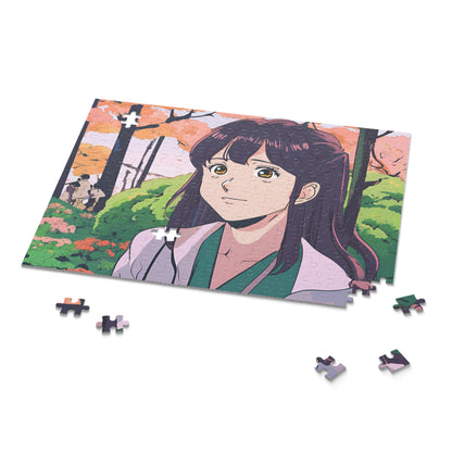 "Serenity in Bloom" Anime Girl Jigsaw Puzzle – 120, 252, & 500 Pieces | Springtime Garden Scene | Aesthetic Anime Art Puzzle for All Ages