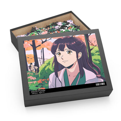 "Serenity in Bloom" Anime Girl Jigsaw Puzzle – 120, 252, & 500 Pieces | Springtime Garden Scene | Aesthetic Anime Art Puzzle for All Ages