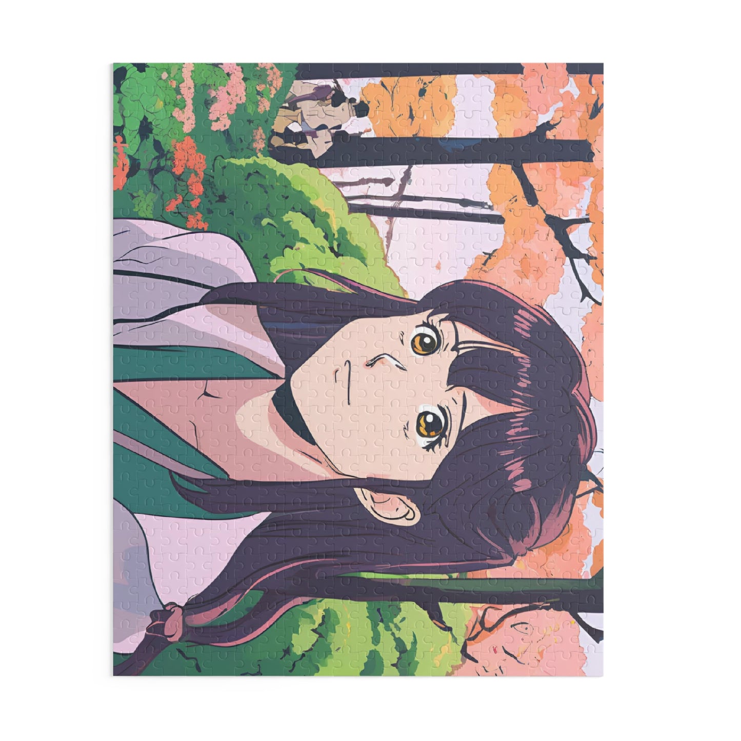"Serenity in Bloom" Anime Girl Jigsaw Puzzle – 120, 252, & 500 Pieces | Springtime Garden Scene | Aesthetic Anime Art Puzzle for All Ages