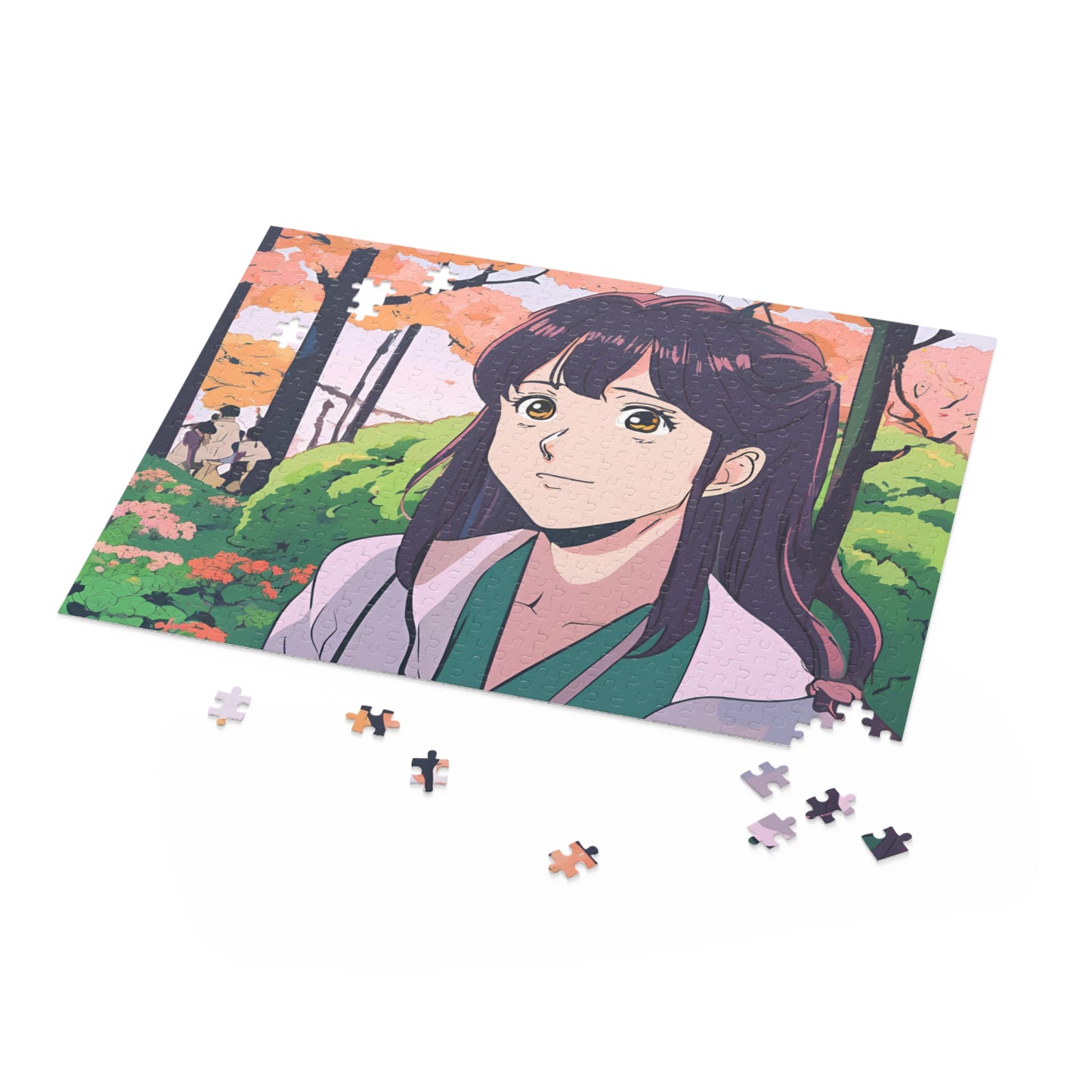 "Serenity in Bloom" Anime Girl Jigsaw Puzzle – 120, 252, & 500 Pieces | Springtime Garden Scene | Aesthetic Anime Art Puzzle for All Ages