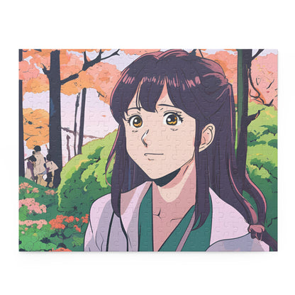 "Serenity in Bloom" Anime Girl Jigsaw Puzzle – 120, 252, & 500 Pieces | Springtime Garden Scene | Aesthetic Anime Art Puzzle for All Ages