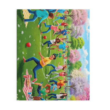 Family & Friends Spring Kickball Fun – Colorful Outdoor Park Picnic Scene with Diverse Group, Laughter, Sunshine & Movement – Vibrant Spring Day Puzzle for All Ages, Community Bonding, Active Play, and Nature Vibes