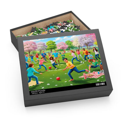 Family & Friends Spring Kickball Fun – Colorful Outdoor Park Picnic Scene with Diverse Group, Laughter, Sunshine & Movement – Vibrant Spring Day Puzzle for All Ages, Community Bonding, Active Play, and Nature Vibes