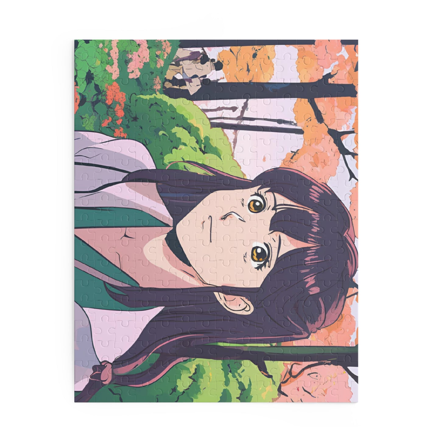 "Serenity in Bloom" Anime Girl Jigsaw Puzzle – 120, 252, & 500 Pieces | Springtime Garden Scene | Aesthetic Anime Art Puzzle for All Ages