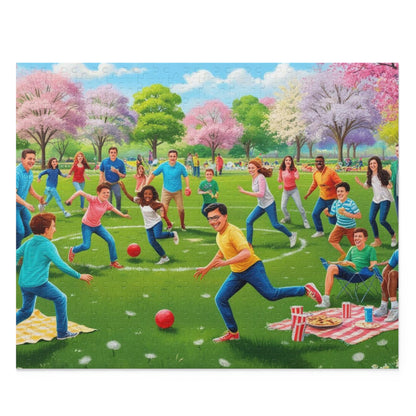 Family & Friends Spring Kickball Fun – Colorful Outdoor Park Picnic Scene with Diverse Group, Laughter, Sunshine & Movement – Vibrant Spring Day Puzzle for All Ages, Community Bonding, Active Play, and Nature Vibes